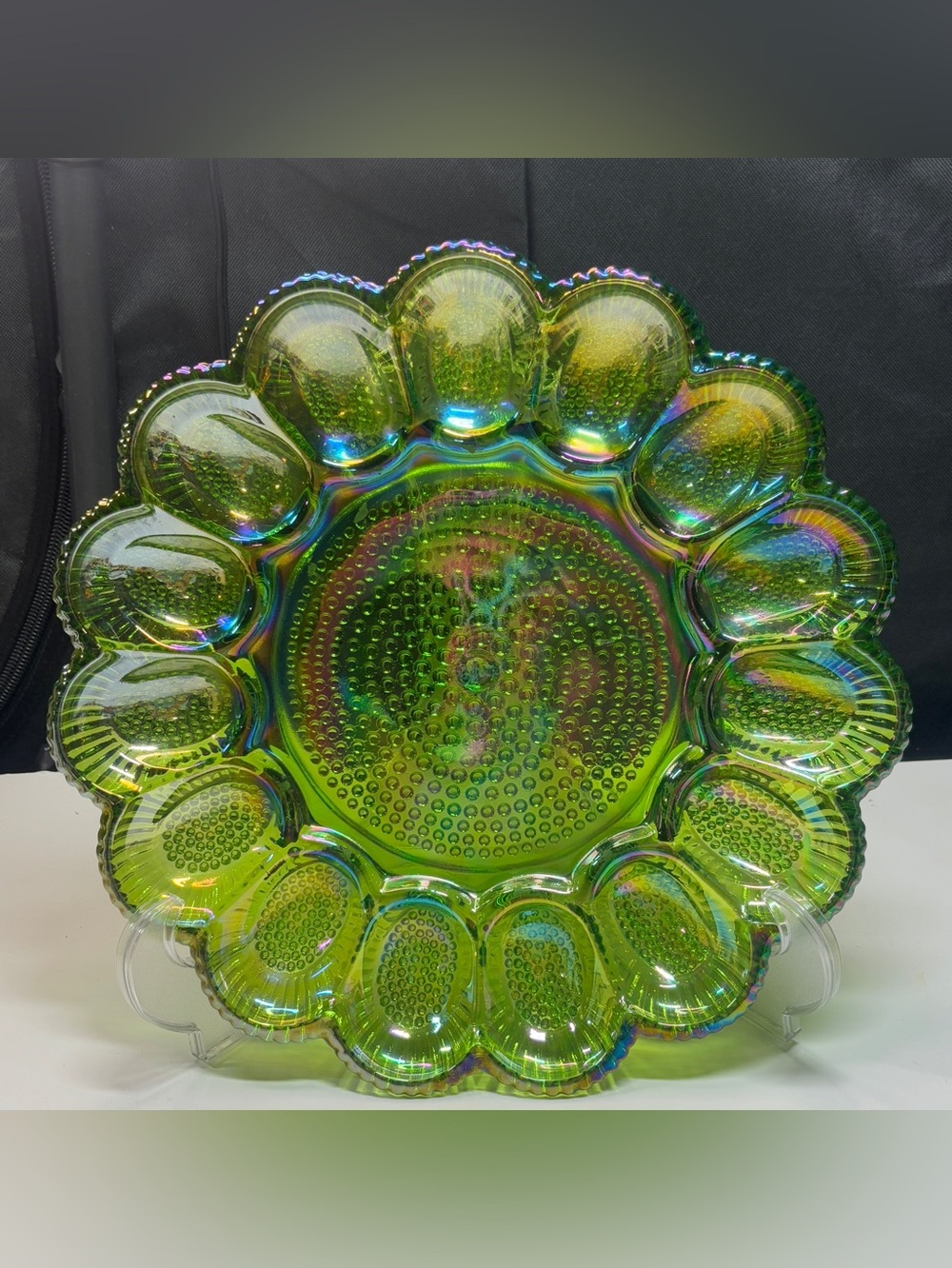 Indiana Glass Iridescent Green Carnival Hobnail Thousand Eye Egg Plate - Picture 2 of 12